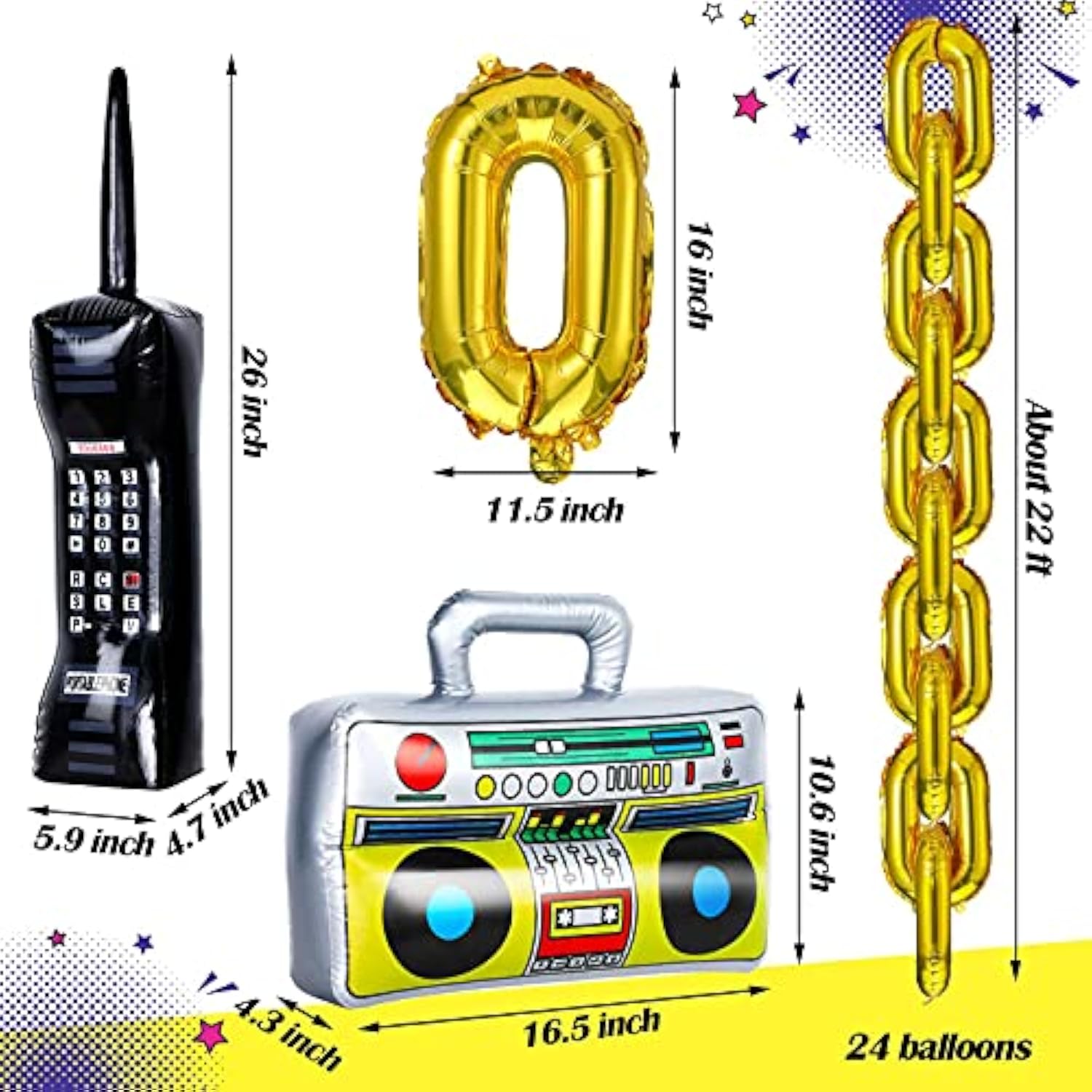 27Pcs 80S 90S Disco Themed Party Decorations Supplies Includes Inflatable Radio Boombox Backdrop Inflatable Mobile Phone And 16 Inch Gold Foil Chain Balloons For 80S 90S Party(Novel Style)