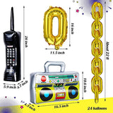 27Pcs 80S 90S Disco Themed Party Decorations Supplies Includes Inflatable Radio Boombox Backdrop Inflatable Mobile Phone And 16 Inch Gold Foil Chain Balloons For 80S 90S Party(Novel Style)