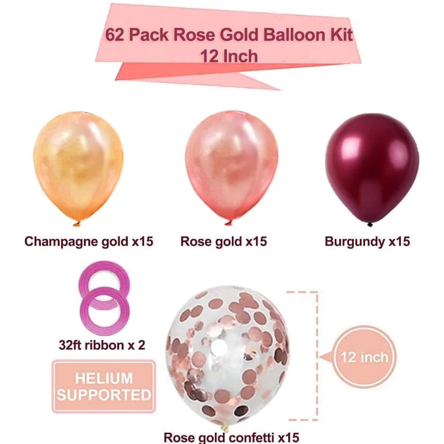 Rose Gold Balloons Burgundy Balloons Kit, 62Pcs Burgundy Rose Gold Confetti Latex Balloons For Women Girl Baby Shower Wedding Birthday Party Decorations, 12 Inch