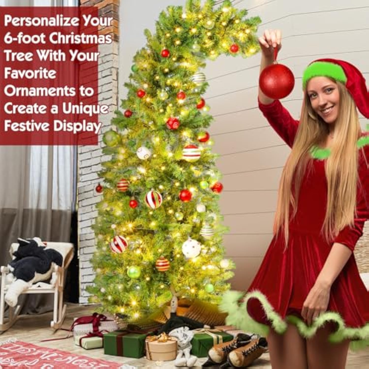6 Ft Lime Green Whimsical Christmas Tree With Stand Led Lights Red Ball Tree Deluxe Set Plastic Red Ball Fantastical Artificial Lighted Christmas Xmas New Year Holiday Party Decor Favor