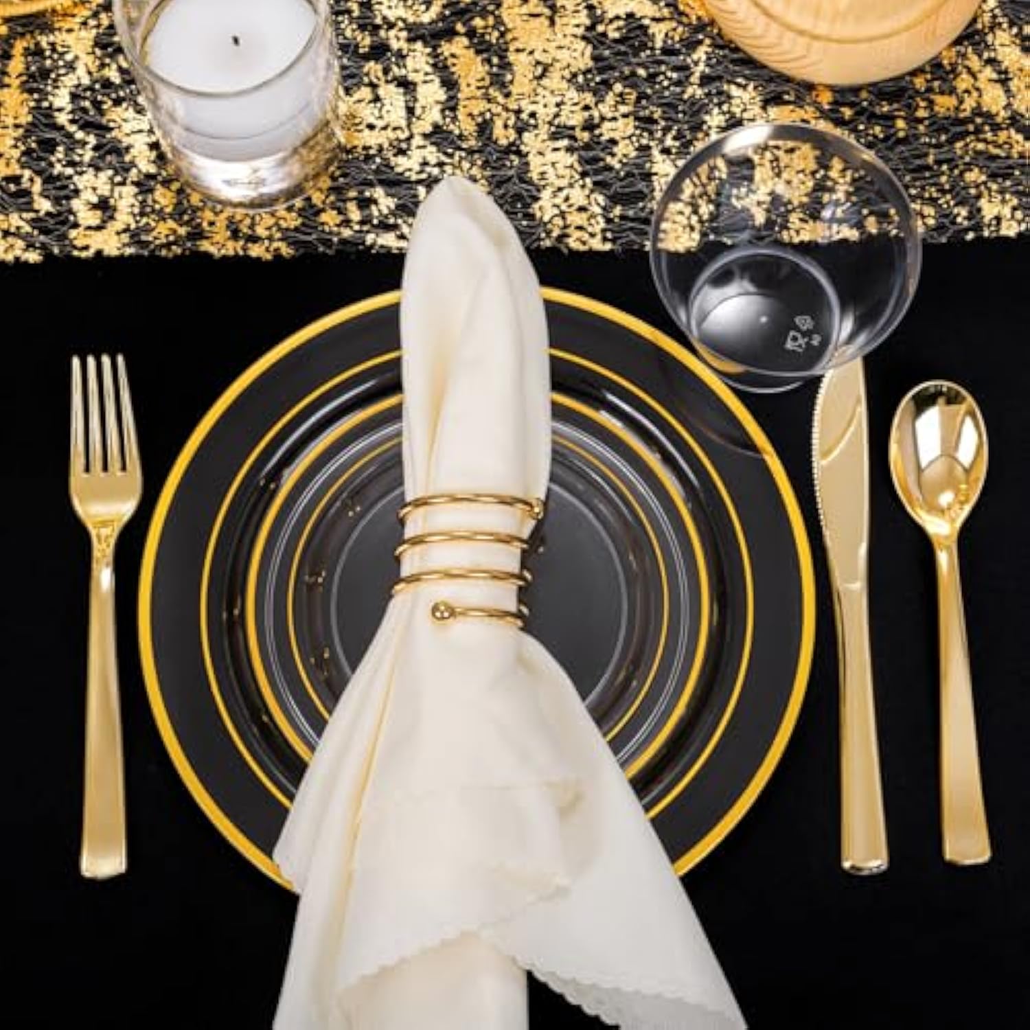 600Pc Gold Trim Plastic Dinnerware Set For Party: 100 Dinner Plates, 100 Dessert Plates, 300 Cutlery