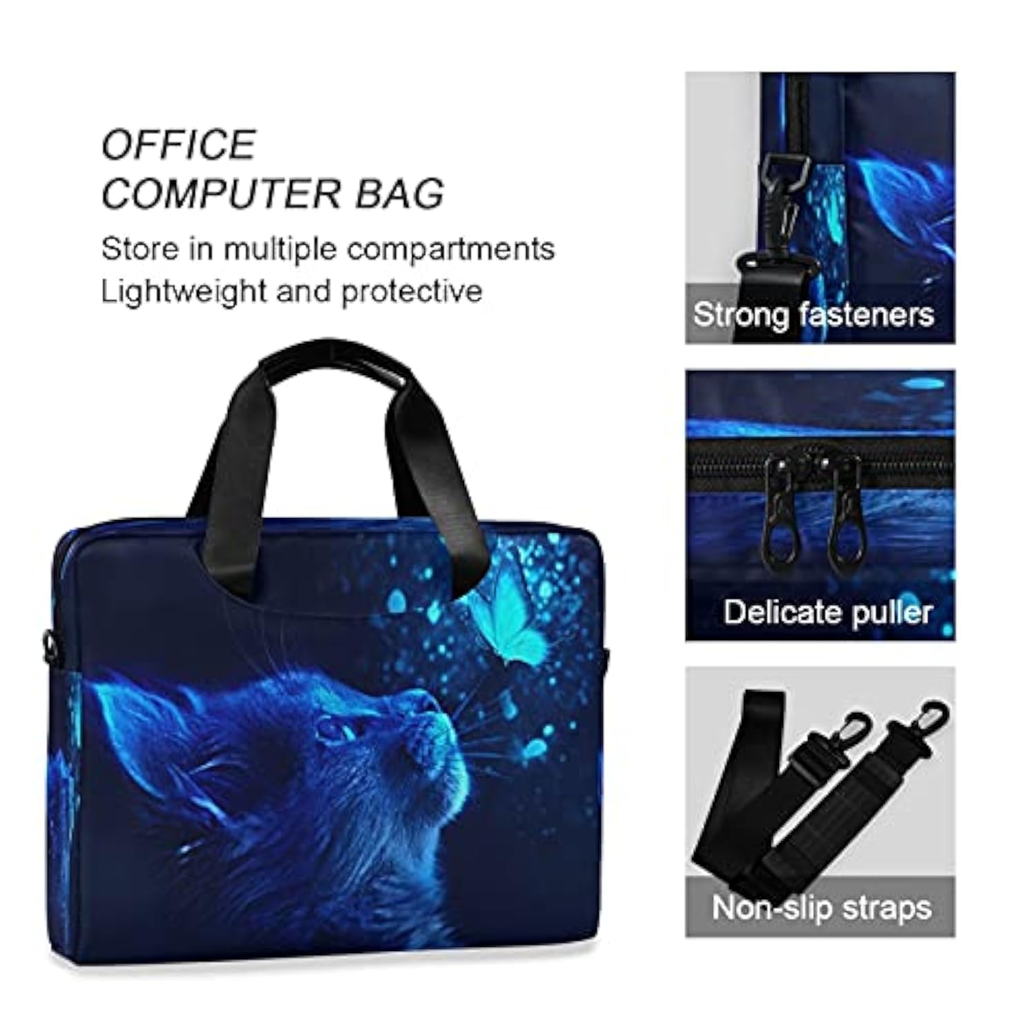 Cat Butterfly Light Blue Laptop Messenger Bag Case Sleeve Briefcase For Men Women