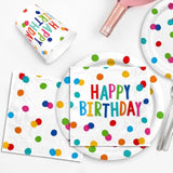 Happy Birthday Decorations: Happy Birthday Party Supplies Set With Birthday Dots Design- Includes Disposable Paper Birthday Plates And Napkins, Cups, Tablecloth, And Banner For Boys/Girls, Serves 25.