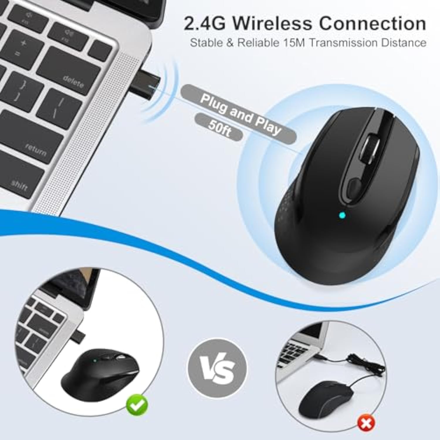 Wireless Mouse, 2.4G Silent Cordless Mouse For Laptop, Mouse With 6 Buttons An