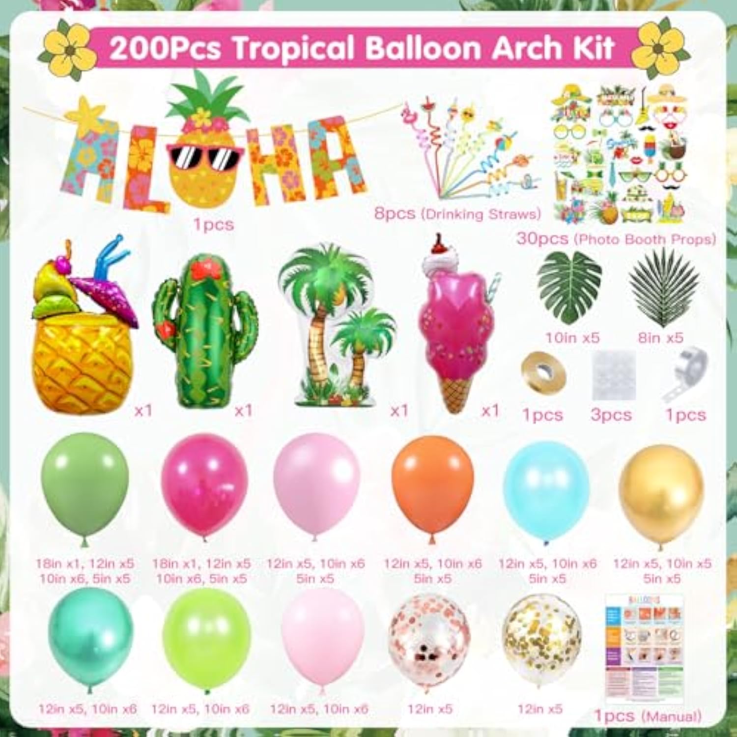 Tropical Party Decorations, 200 Pcs Hawaiian Luau Aloha Party Decorations With 144 Pcs Balloons Reusable Plastic Drink Straws, Photo Booth Props, Palm Leaves For Birthday Baby Shower Pool Summer Party