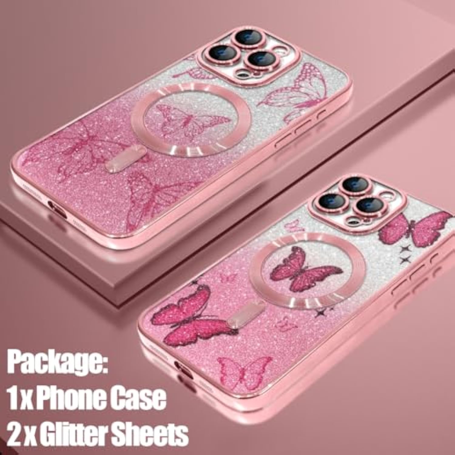 Case Fit For Iphone 16 Pro Max [Compatible With Magsafe] Glitter Bling Case With Camera Protector [2 Pieces Of Butterfly Design Insert] Soft Shockproof Anti-Scratch Cover For Women - Pink