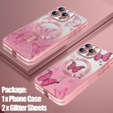 Case Fit For Iphone 16 Pro Max [Compatible With Magsafe] Glitter Bling Case With Camera Protector [2 Pieces Of Butterfly Design Insert] Soft Shockproof Anti-Scratch Cover For Women - Pink