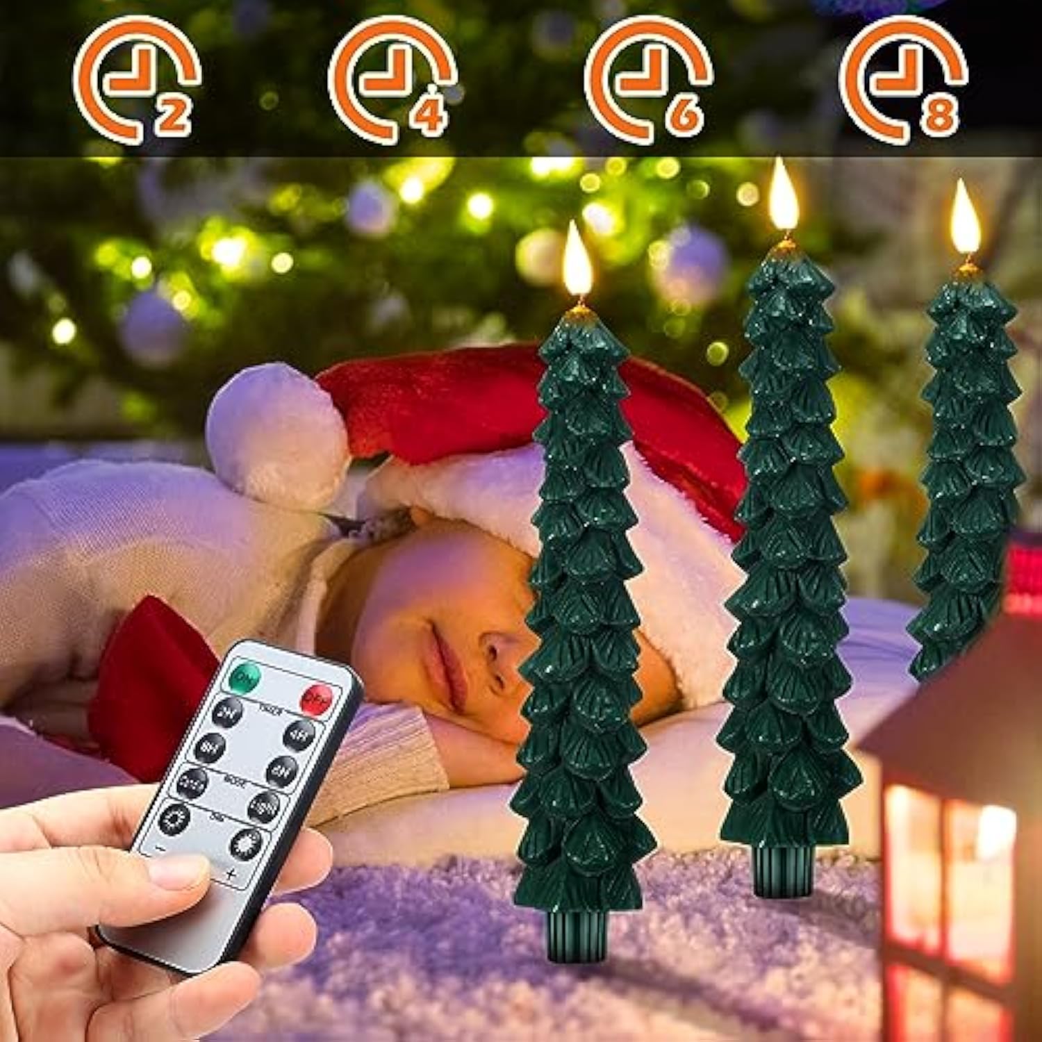 6 Pcs Led Christmas Tree Flameless Taper Candles, 9.7 Inch Real Wax Battery Operated Candlestick Lights With 3D Flame And Remote Timer For Windows Fireplace (Green,Christmas Tree)