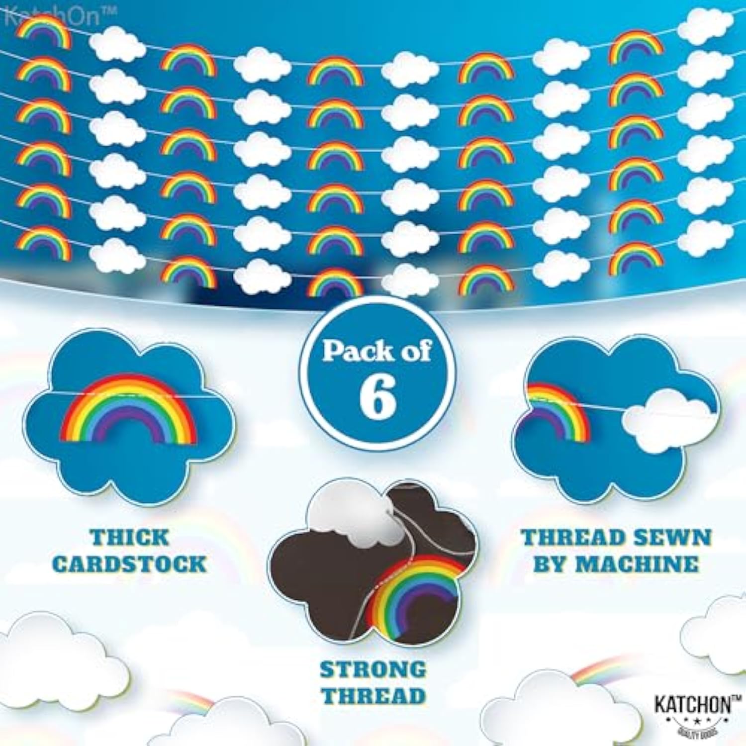 , Hanging Rainbow Cloud Garland - 10 Feet, Pack Of 6, Pre-Assembled | Clouds Garland For Rainbow Party Decorations | Happy Birthday Decoration | Classroom Decor