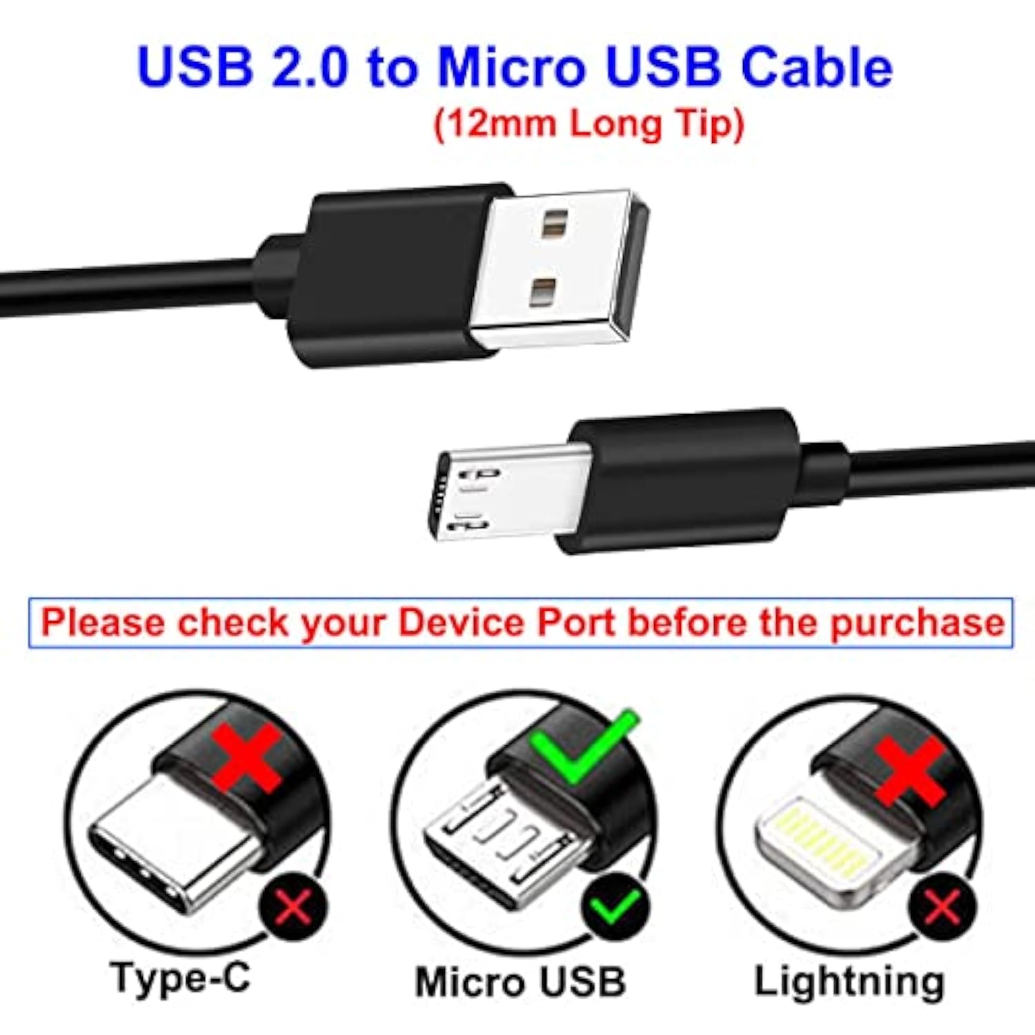 2Pcs 3Ft 12Mm Long Tip Micro Usb Cable Compatible With Blackview Bv4000 Bv4900 Bv5500 Pro/Plus Bv5800 Bv6000 Bv6000S /Oukitel Wp12 Wp8 Pro, Wp6/Doogee/Ulefone Armor X7 Pro X6 X5 Rugged Phones