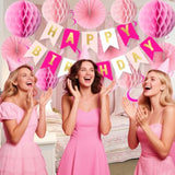 Pink Birthday Decorations, Happy Birthday Banner With Honeycomb Balls, Hanging Swirl Streamers Tassel ,Pink Paper Fans Birthday Party Decorations For Women Girls Happy Birthday Decorations