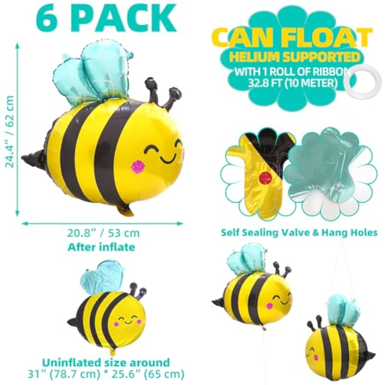 Cute Smile Face Bee Balloon Lovely Woodland Honeybee Balloon Bee Theme Birthday Supplies Summer Spring Parties Baby Shower, 6 Pack Cartoon Bee Shaped Mylar Foil Balloons Jungle Animal Party Decoration