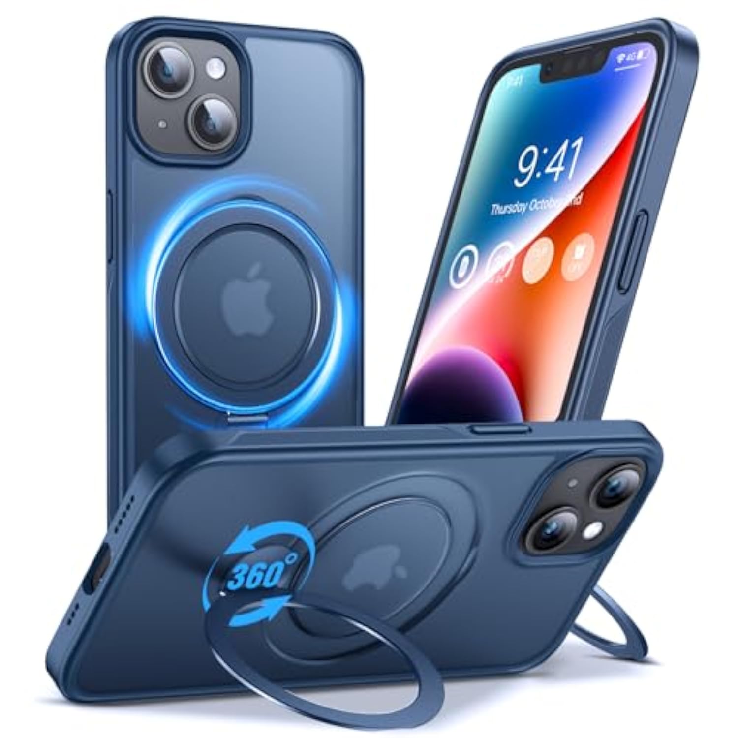 360° All-In-One Stand Case For Iphone 14/13 Case With Rotatable Magnetic Kickstand Ring Holder, Compatible With Magsafe, Mil-Grade Shockproof Iphone 14/13 Phone Case Cover, Blue