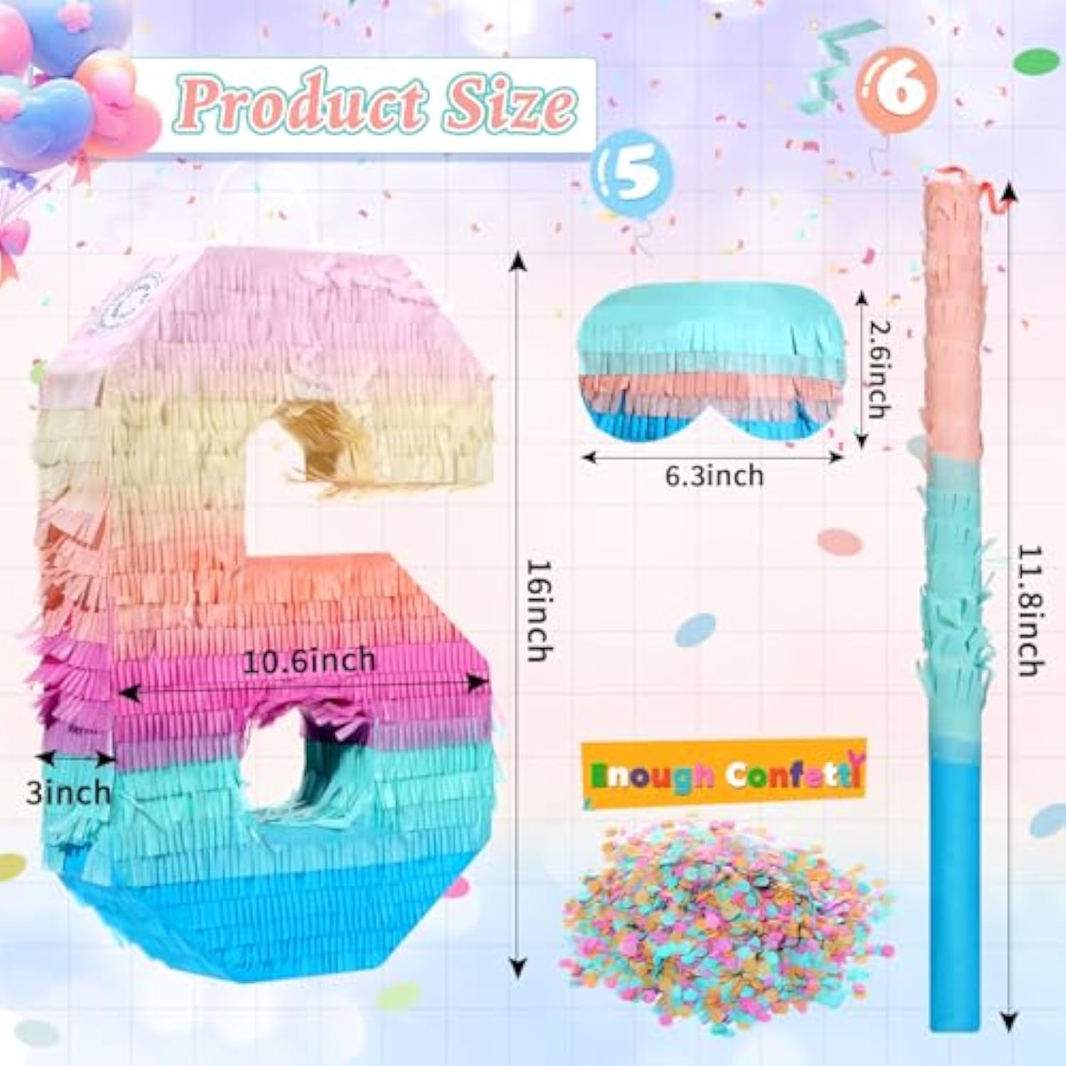 16 Inch Number Piñata Kids Birthday Party Macaron Piñata With Blindfold Stick And Confetti For Unicorn Birthday Wedding Baby Shower Decor(Number 6)