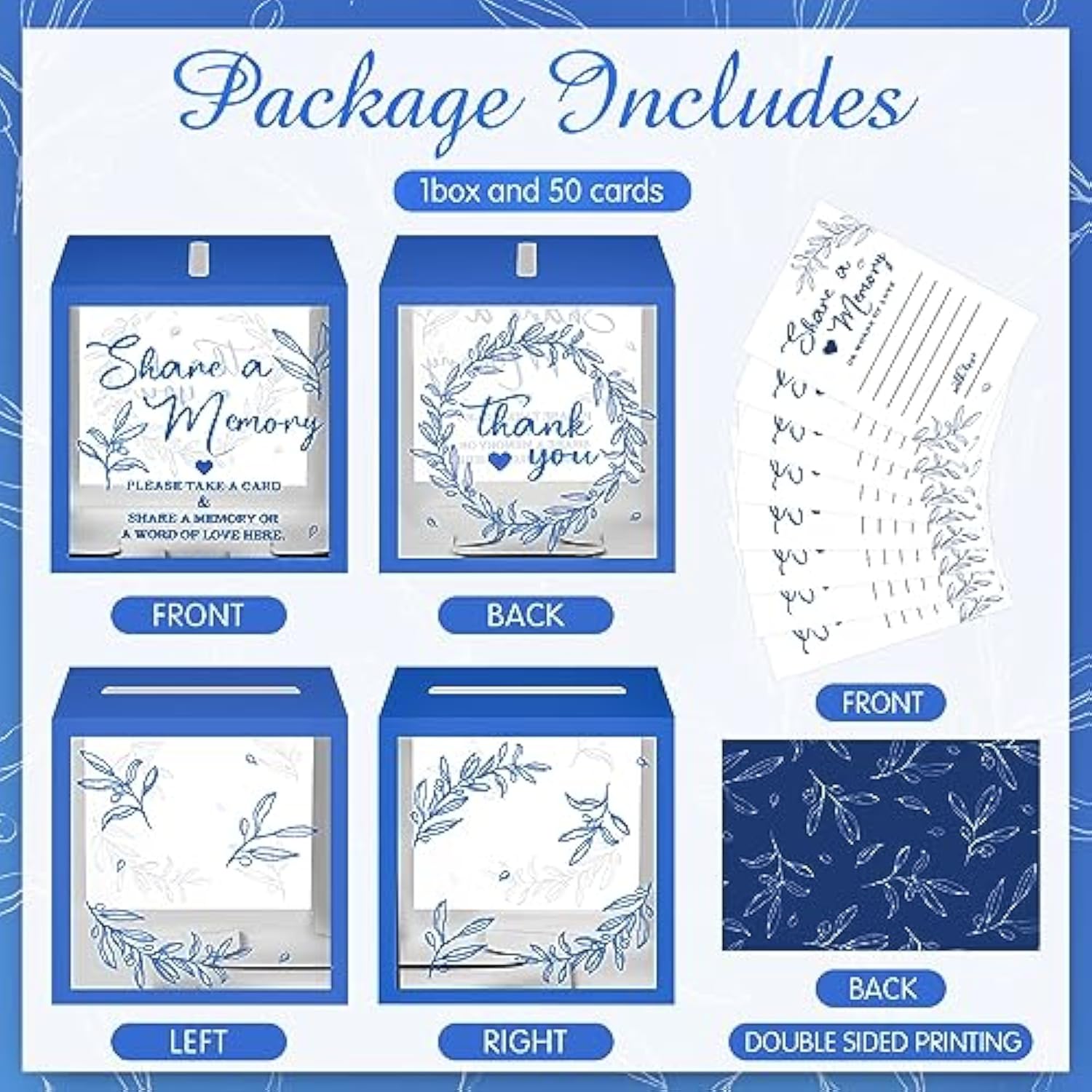 50 Pcs Greenery Share A Memory Cards For Collections Of Life Memory Guest Cards Box Ideas For Funeral Graduation Wedding Bridal Shower Birthday Anniversary Retirement(Blue)