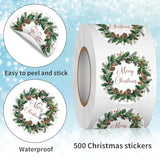 500 Pcs 1.5 Inch Merry Christmas Stickers Roll For Gift Packing, Cards, Envelopes, Party Supplies (Christmas Wreath 4)