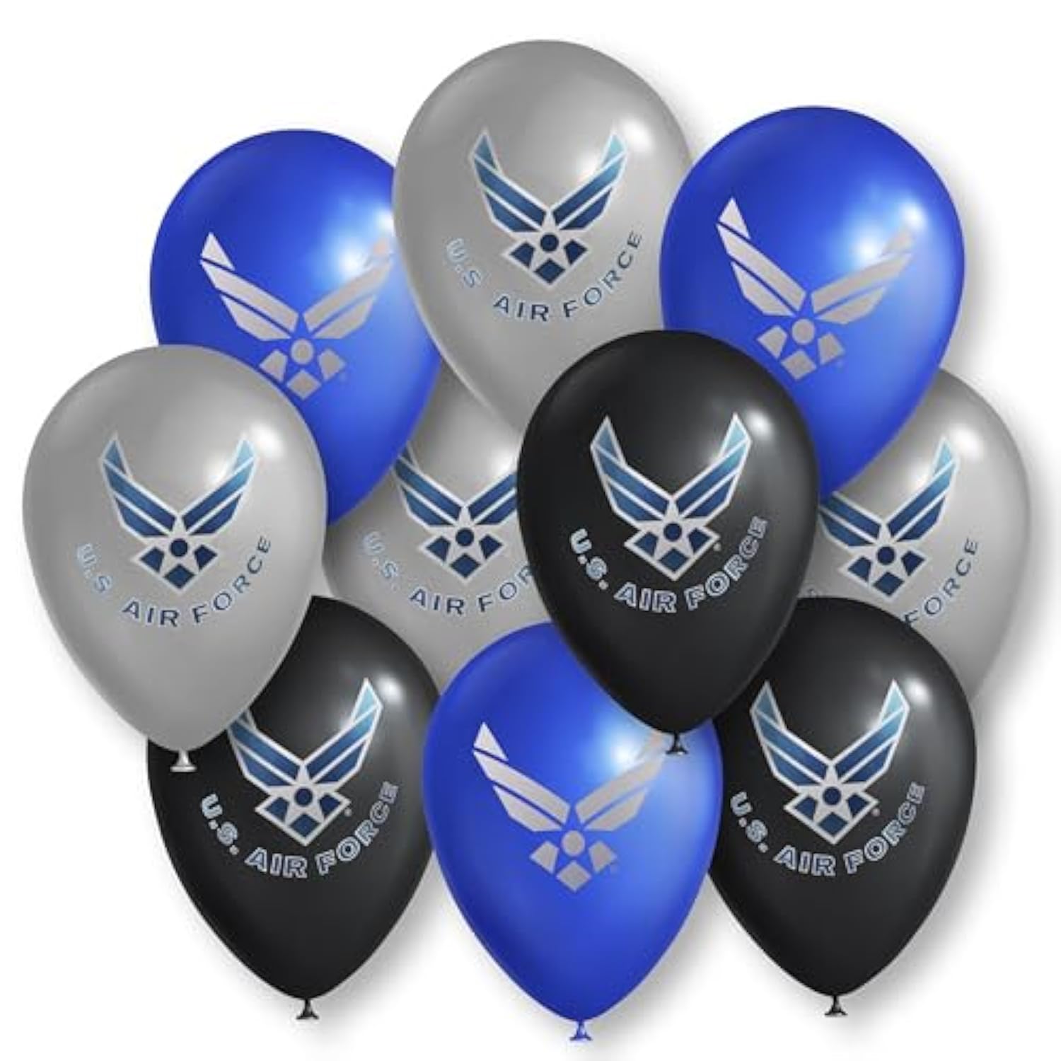 U.S. Air Force Party Balloons - 10 pcs 12 in Latex balloons in Officially Licensed Air Force Logos - Metallic Silver, Blue & Black balloons with 2-color printing both sides Made in Italy -by Havercamp