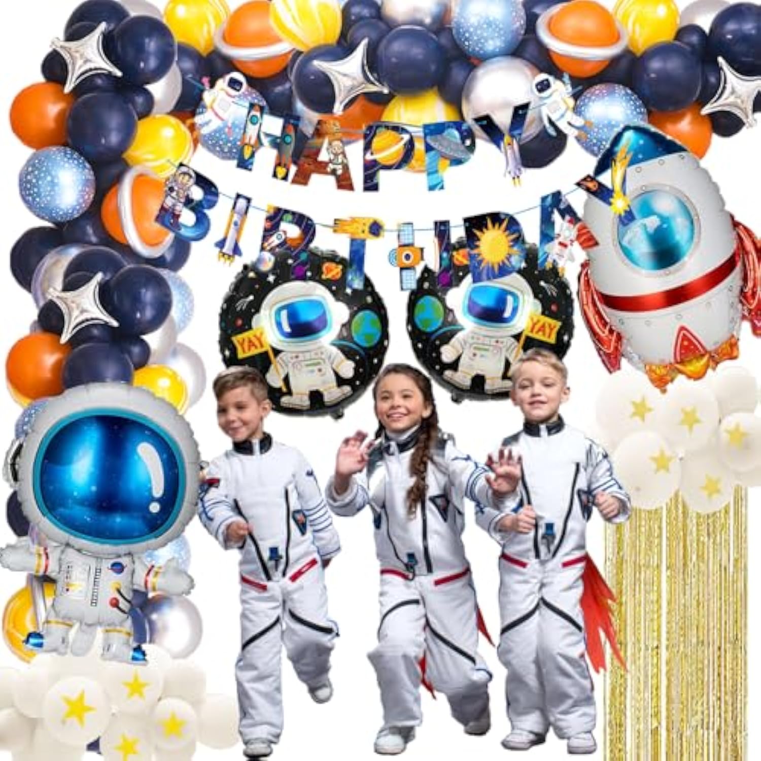 77 Pieces Outer Space Theme Birthday Party Decorations - Happy Birthday Banner, Balloons, Tattoo Stickers, Cake Toppers For Astronaut Party Supplies