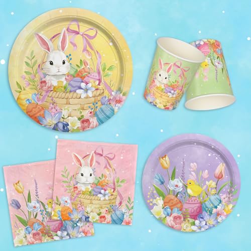 Happy Easter Supplies Kit for 25 Guests - Easter Bunny Decorations, Includes Dinner & Dessert Plates, Napkins, Cups, Banner and Tablecloth in Pink, Purple