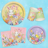 Happy Easter Supplies Kit for 25 Guests - Easter Bunny Decorations, Includes Dinner & Dessert Plates, Napkins, Cups, Banner and Tablecloth in Pink, Purple