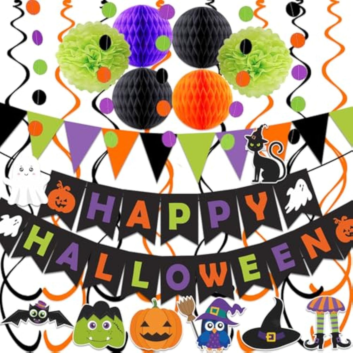 Happy Halloween Banner Triangle Flag Bunting with Confetti Dots Honeycomb Ball and Streamers
