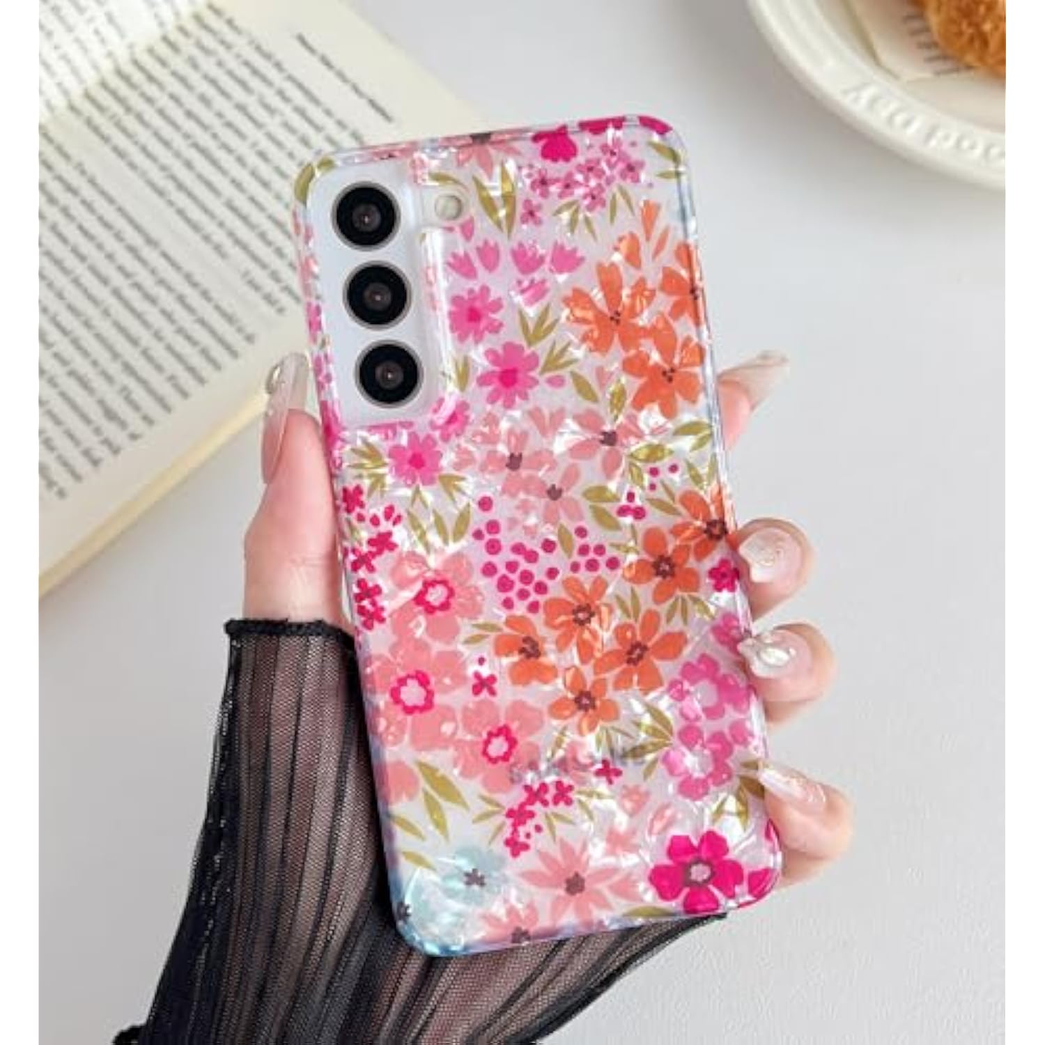 For Galaxy S23 Plus Case - Sparkle Bling Floral Design Scratch-Resistant Clear Anti-Yellowing Shell Military-Grade Shockproof Protection Soft-Touch & Slim Lightweight Cover (Pink Flower)