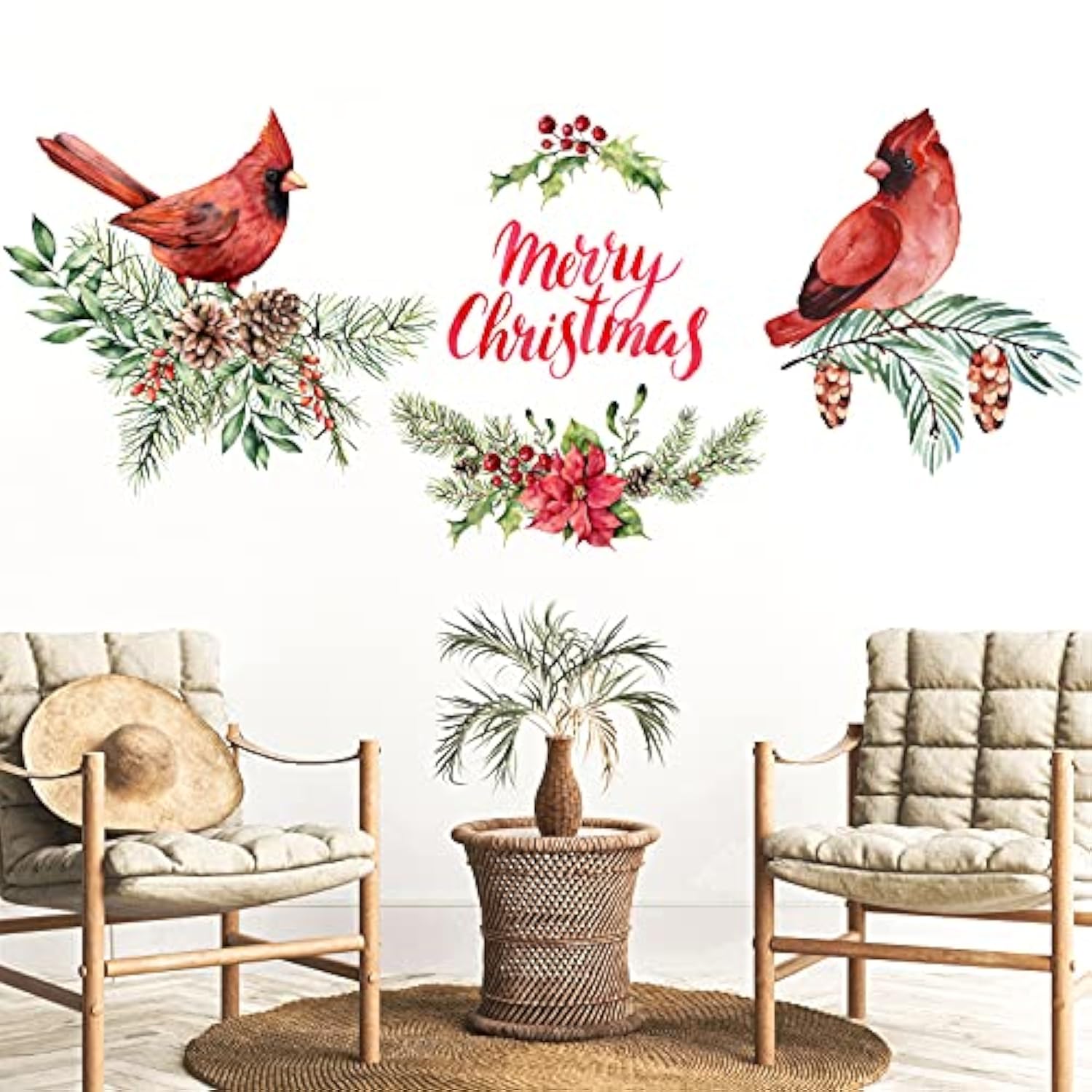 Cardinal Sticker, 4 Pieces, Merry Christmas Wall Decal, Red Bird Vinyl Decal, Pine Cones Window Cling For Wall, Office, Home, Bathroom Decor, Christmas Decoration