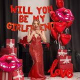 16 Inches Red 'WILL YOU BE MY GIRLFRIEND' Confession Letter Balloons with Heart-Shape, lips, love Foil Balloons and Rose Petals for Romantic Special Night Decorations and Valentines Day