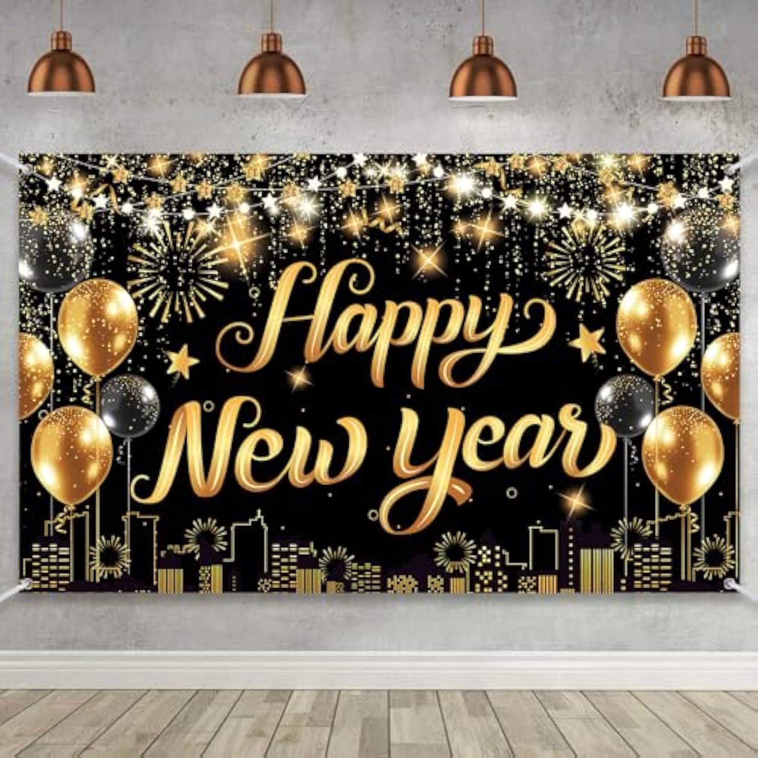 Happy New Year 2026 Large Black Gold Banner 72x44in Party Decor