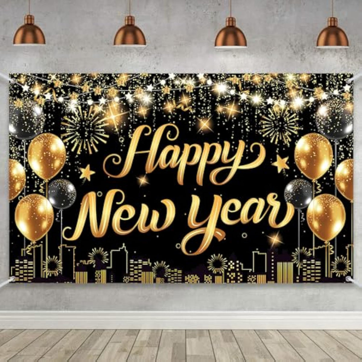 Happy New Year 2026 Large Black Gold Banner 72x44in Party Decor