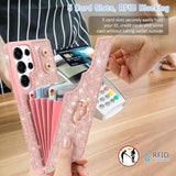 Rose gold glitter Galaxy S25 Ultra wallet case with 5 card slots, ring stand & protectors.