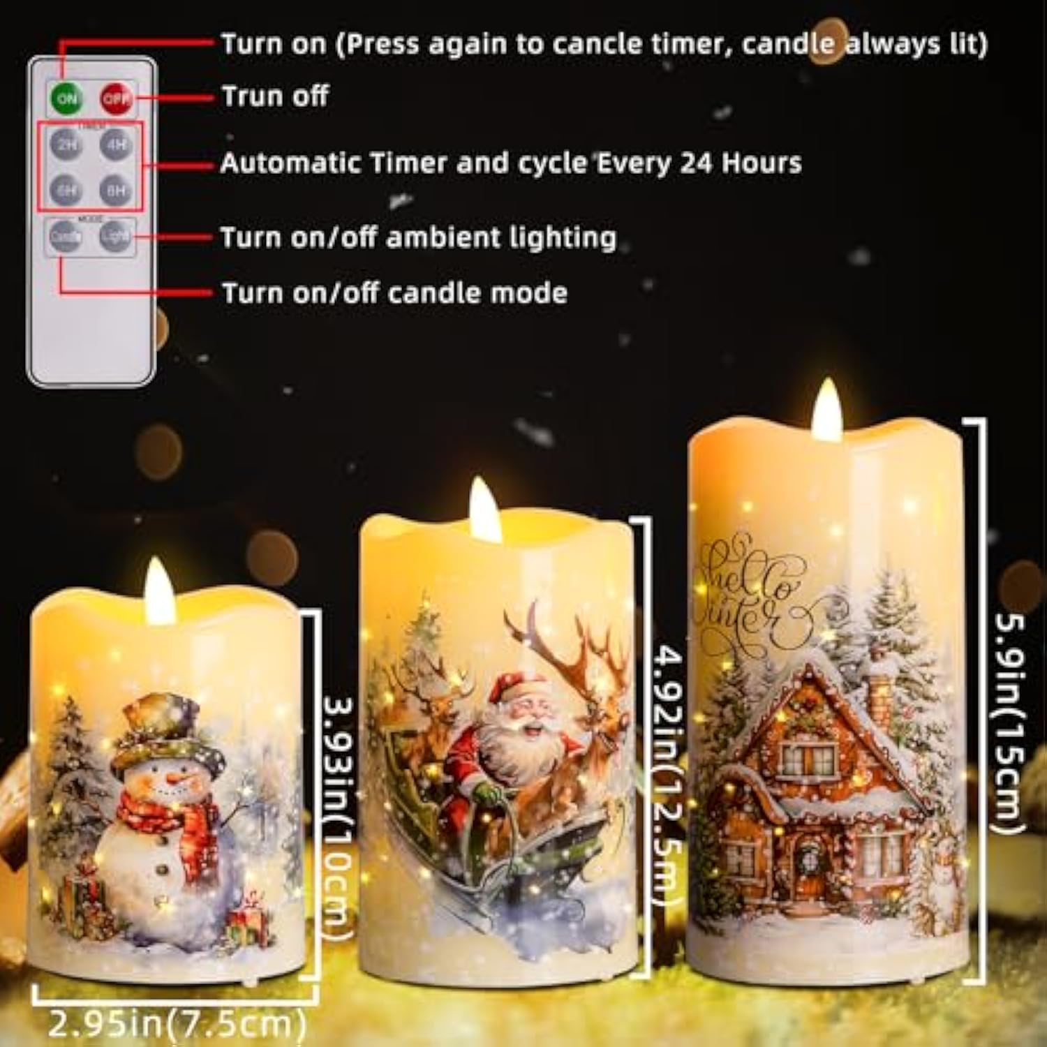 Christmas Flameless Flickering Led Candles With Remote Timer,Battery Operated 3D Wick Pillar Candles Fiber Oiptic Decorative Lights Set Of 3 For Decorations Indoor