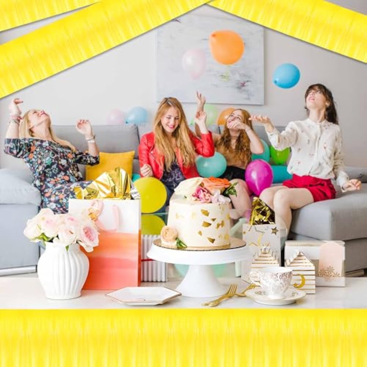 3 Pack 10 Ft Macaron Yellow Foil Fringe Garland Metallic Streamers Tinsel Banner Wall Hanging Garland Backdrop For Parade Floats, Halloween, Christmas, Thanksgiving, New Year Party Decorations