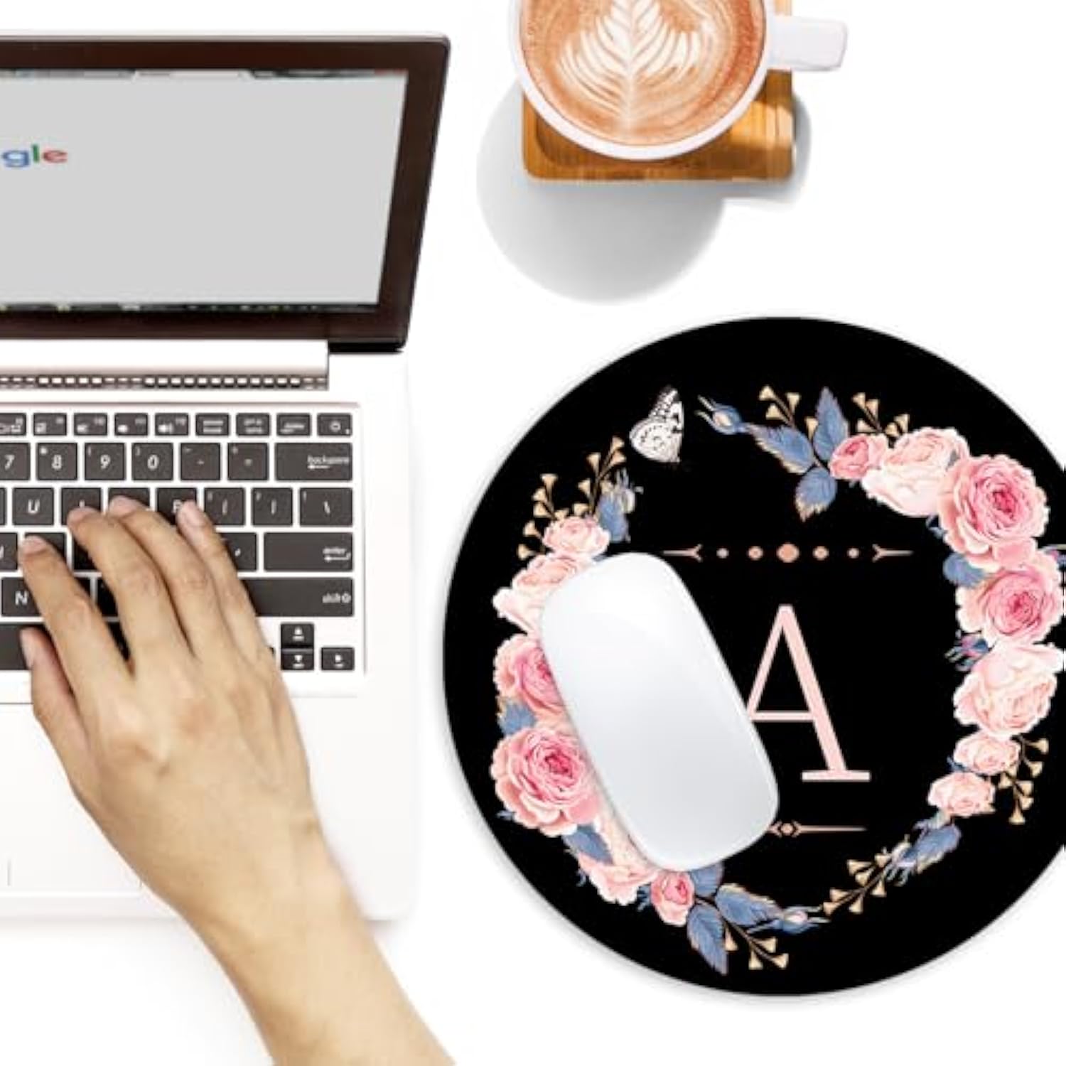 Letter A Black And Pink Flowers Round Mouse Pad,Funny Small Mouse Pad With Non-Slip Rubber Base,Mouse Mat,Home Office Decor Desk Accessories,8.7Inch Round Mouse Pad