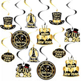 Black and Gold Happy New Year 2026 Banner with Hanging Swirls for Party Decor