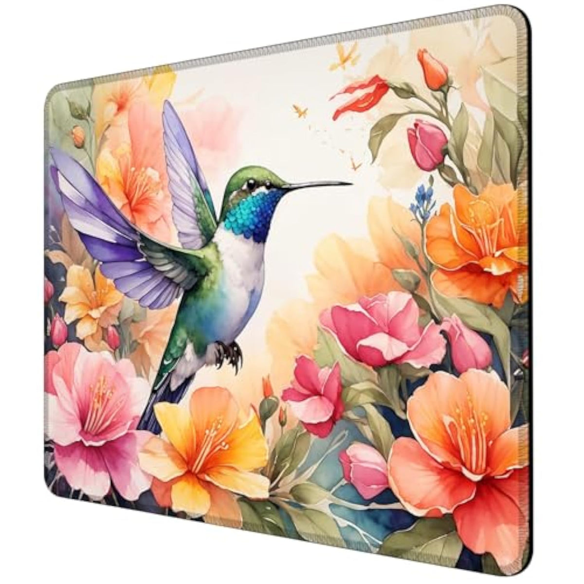 Mouse Pad Watercolor Floral Hummingbird Square Mousepad Desk Mat With Non Slip Rubber Base, Stitched Edge Mouse Mat Desk Pad For Work Game Office, 9.5X8 Inches