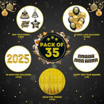 , New Years Eve Party Supplies 2025 - Huge, Set Of 32 | Gold Fringe, Black And Gold Happy New Year Banner, 2025 Balloon Numbers | New Year Foil Balloons, New Years Swirls | Nye Decorations 2025