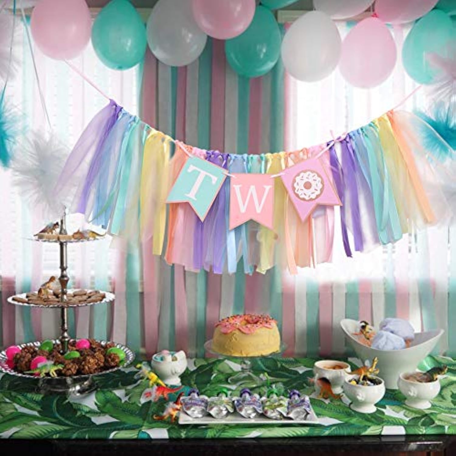 Donut Theme 2nd Birthday High Chair Banner – Rainbow Ribbon Tutu Party Decor