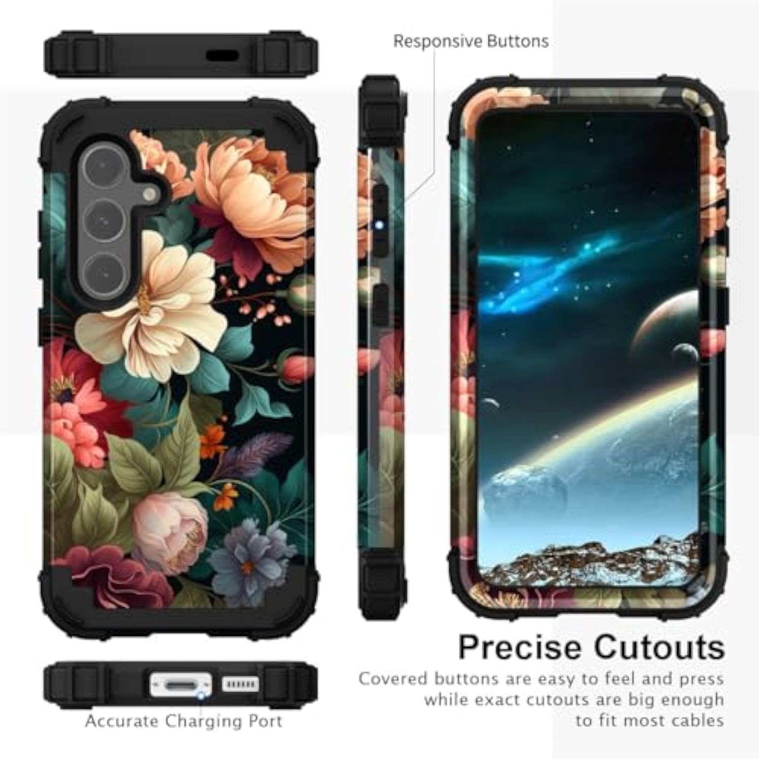 Unique Flower Pattern Compatible With Samsung Galaxy S25 Plus Case,Heavy Duty Dual Layer Shockproof Full-Body Protective Sturdy Hybrid Cute Rugged Case For Women,Girls,Kids-Black Floral
