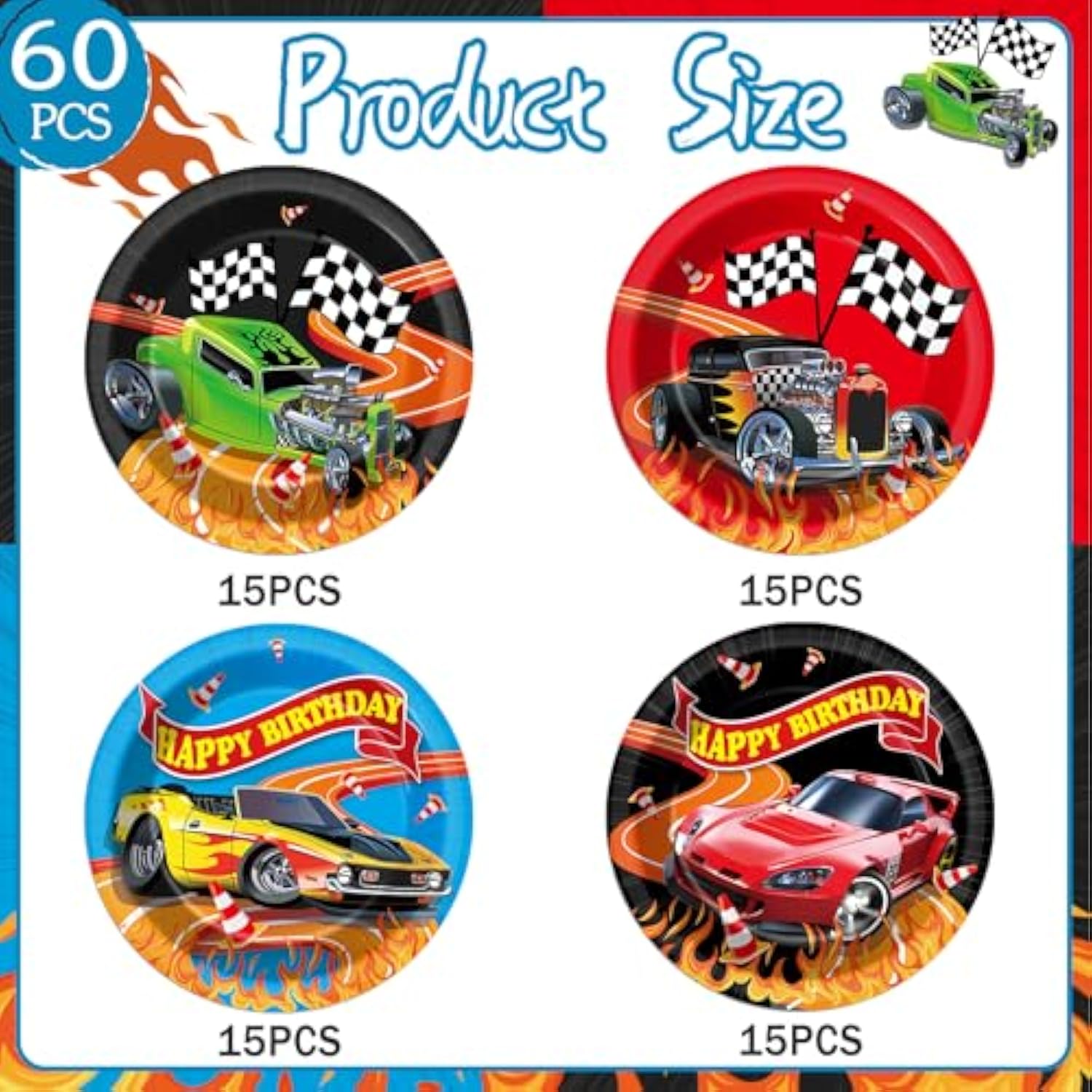 60Pcs 7" Hot Car Party Supplies Race Car Theme Dessert Plates Decorations Race Car Disposable Paper Plates Racing Tableware For Kids Boys Baby Shower Party Favors Birthday