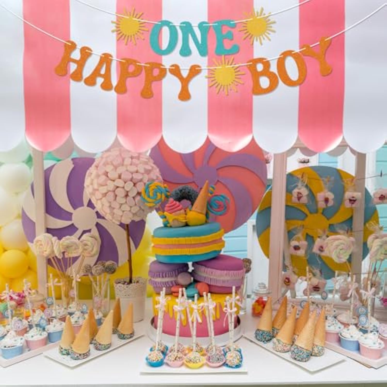 One Happy Boy Banner - Boy'S 1St Birthday Decor, First Trip Around The Sun Decor, Sunshine First Birthday Party Decorations For Boy