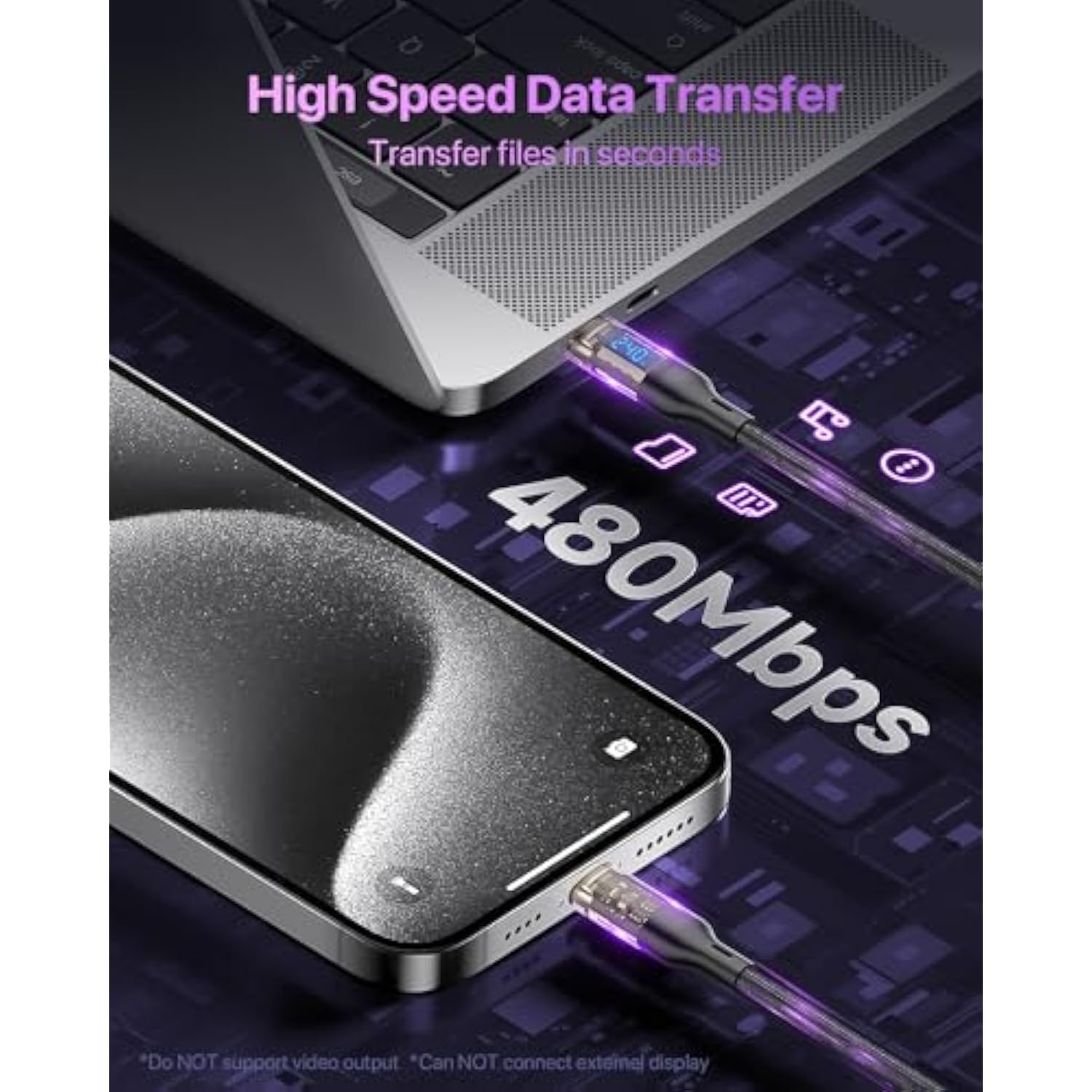 240W Usb C To Usb C Transparent Cable With Led Display Compatible With 140W 100W Fast Charging For Macbook Pro,Lphone 16/15/15Pro/15Promax,Galaxy S23+/S23Ultra/S22,10Ft 2Pack,Black