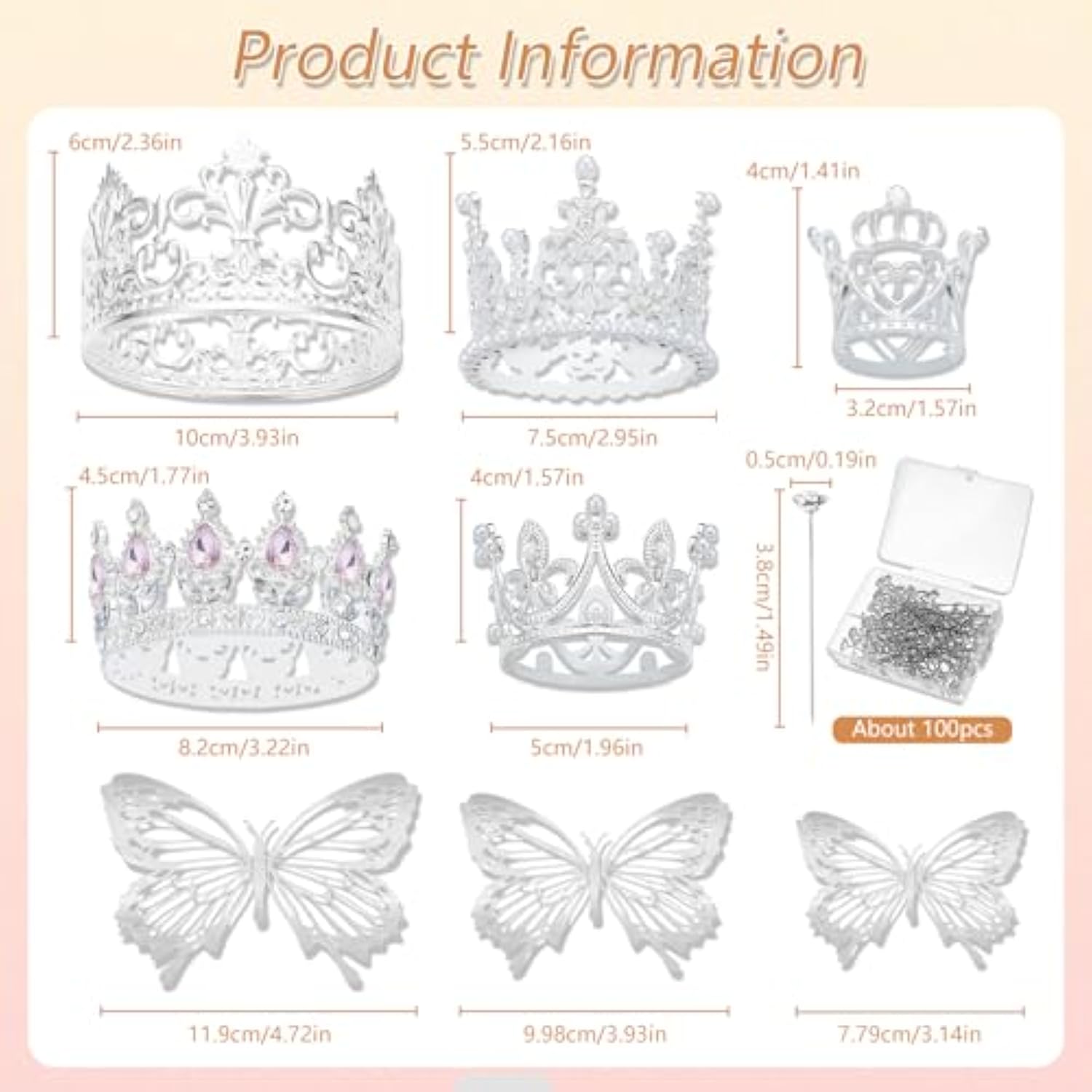 Flower Bouquet Accessories & Crowns For Flower Bouquets, Including 5 Pcs Cake Mini Crown Topper, 36 Pcs Butterfly Decorations&100 Pcs Flower Pins (Silver)