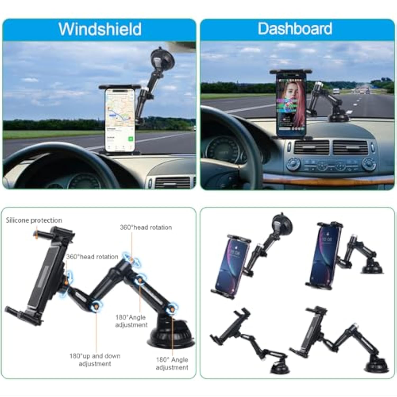 5-in-1 Car Phone Holder Dashboard Windshield Mount for All Smartphones