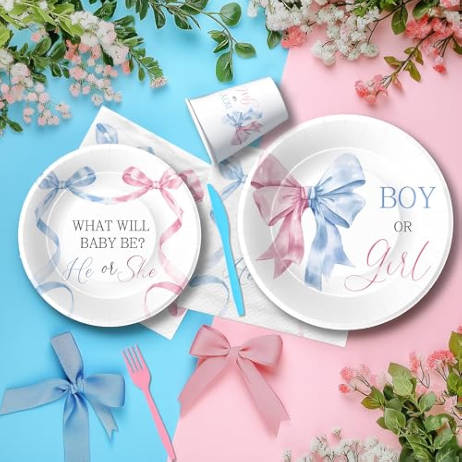 Pink Blue Bow Gender Reveal Decorations, Bow Theme Boy Or Girl Gender Reveal Party Supplies For Baby Shower, He Or She Paper Plate, Cup, Napkin, Disposable Cutlery, Serves 24