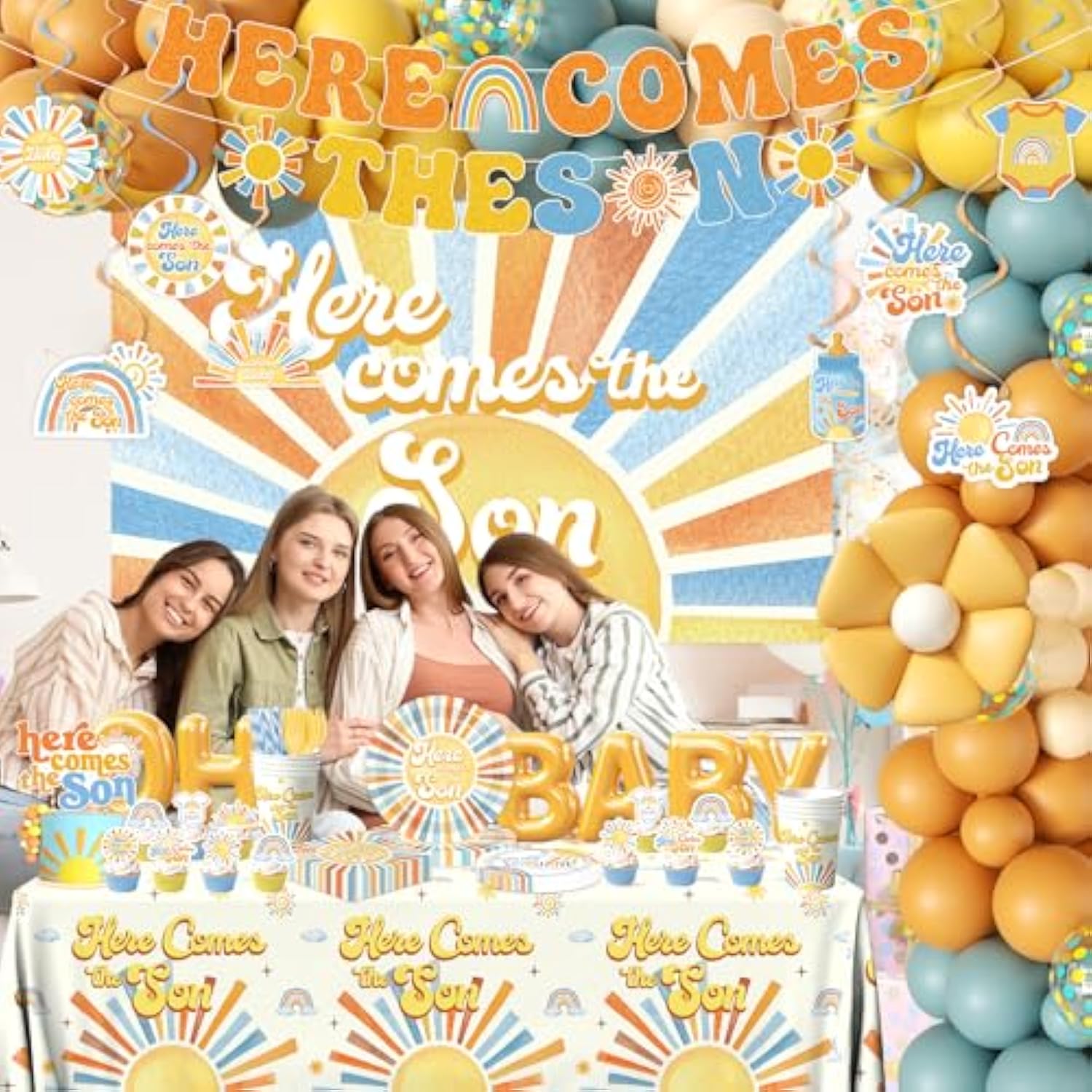 Here Comes The Son Baby Shower Decor - Boho Sun Baby Shower Party Tableware With Balloon Arch,Cake Topper,Banner Decorations For Boys Retro Boho Sun,You Are My Sunshine Party Supplies