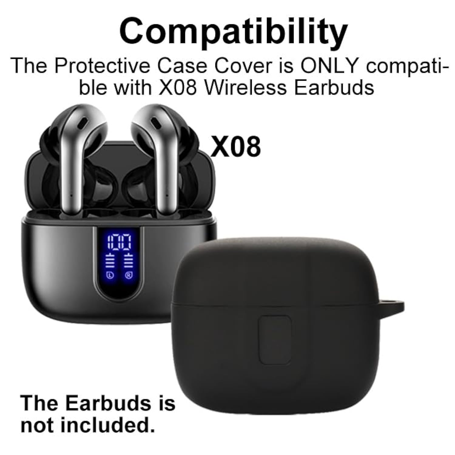 Earbuds Case Compatible With Tagry X08 Wireless Headphone, Silicon Protective Cover With Keychain, With Window For Led Display, Black