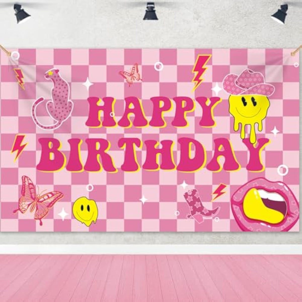 Preppy Birthday Backdrop, Pink Checkered Smiley Face Banner for Baby Shower & Parties