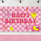 Preppy Birthday Backdrop, Pink Checkered Smiley Face Banner for Baby Shower & Parties