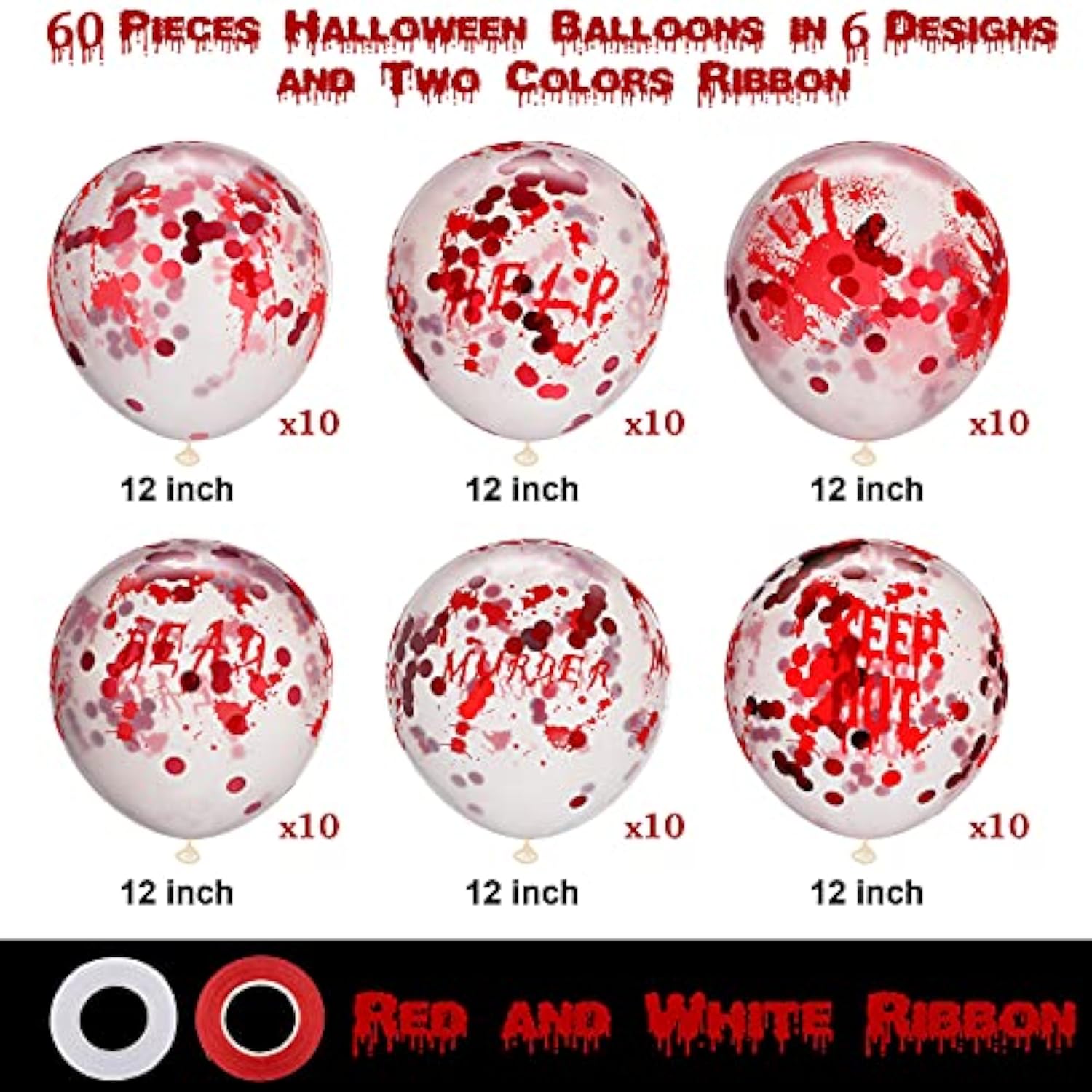 60pcs Halloween Scary Balloons 12 Inch Blood Splatter Handprint Confetti Party Decorations